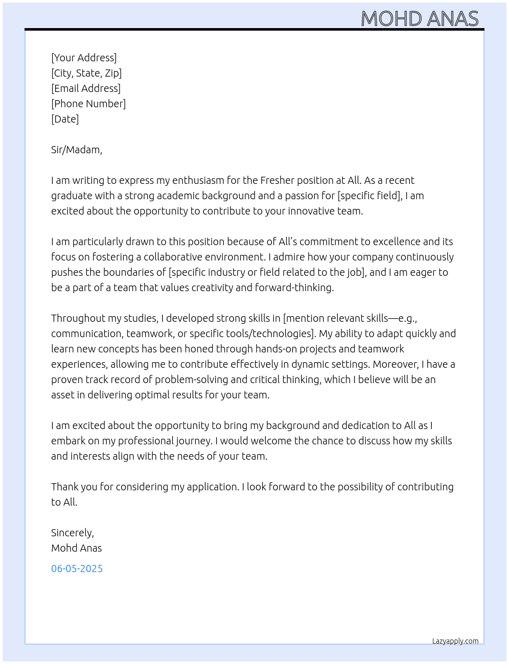 Fresher  At All Cover Letter