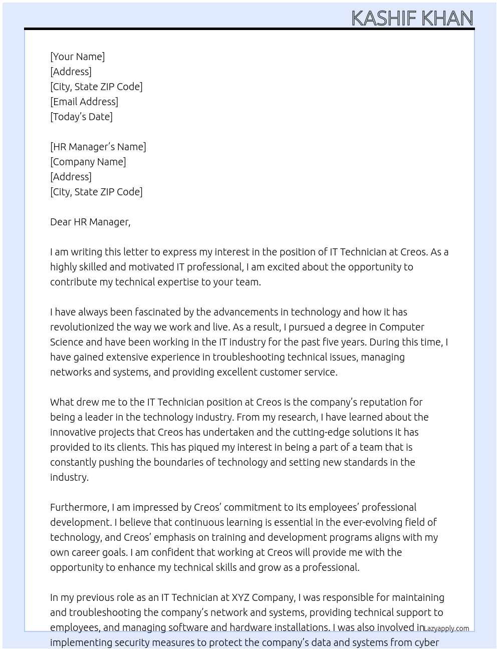 IT Technician At Creos Cover Letter