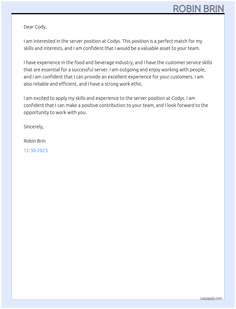 Server At Codys Cover Letter