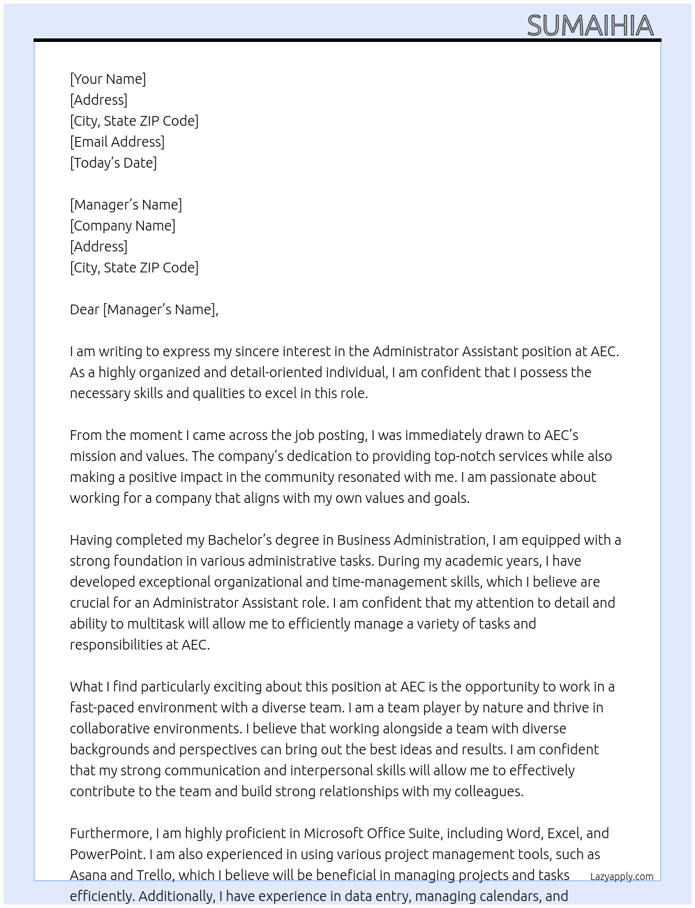 Administrator assistant  At AEC Cover Letter