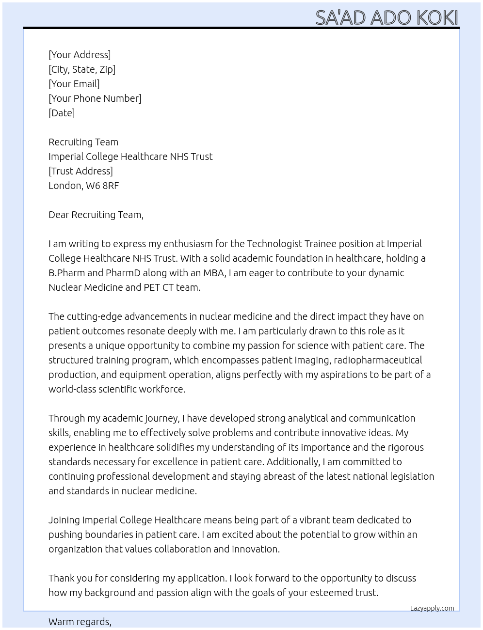 Cover letter for technologist trainee - LazyApply