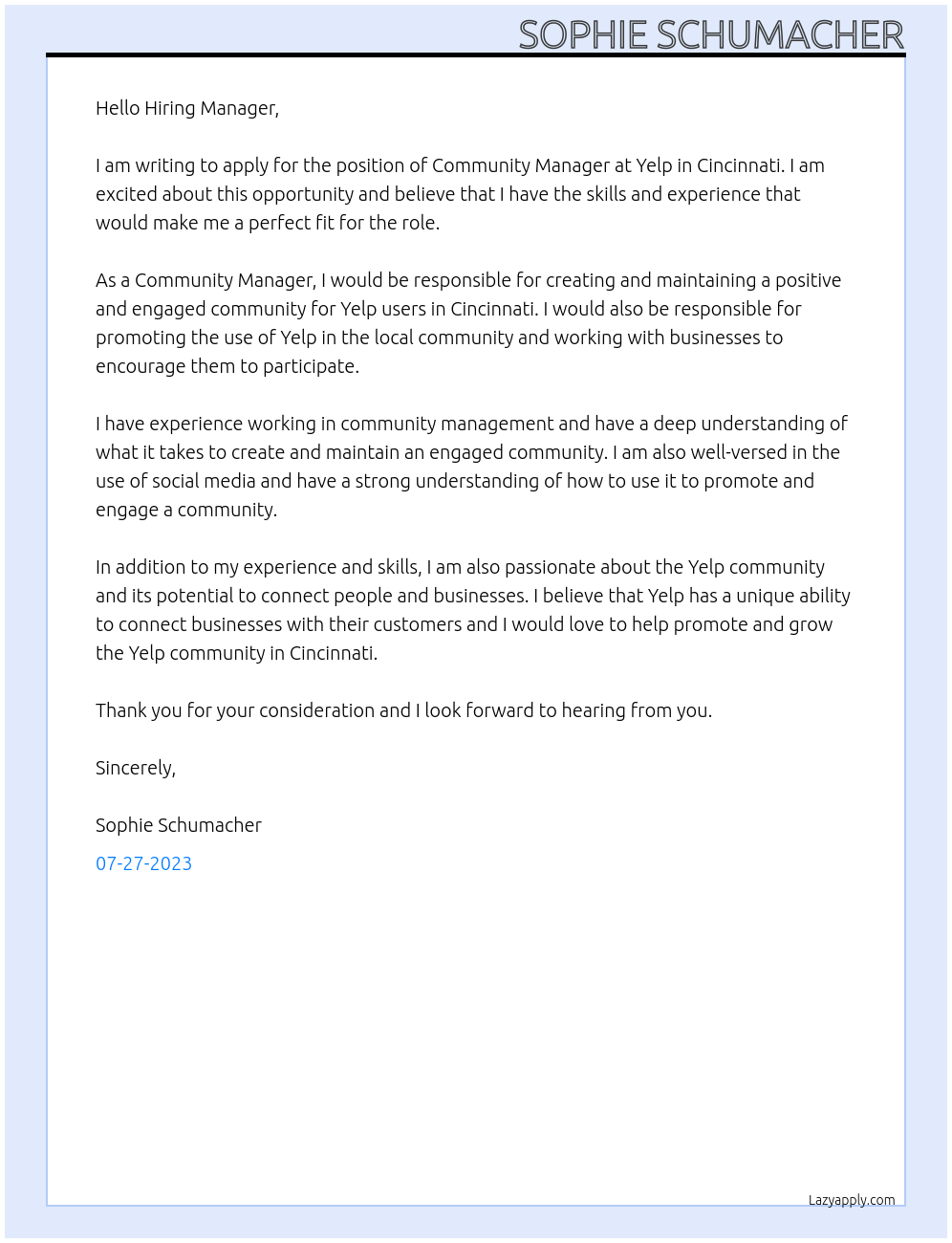 Community Manager, Cincinnati At Yelp Cover Letter