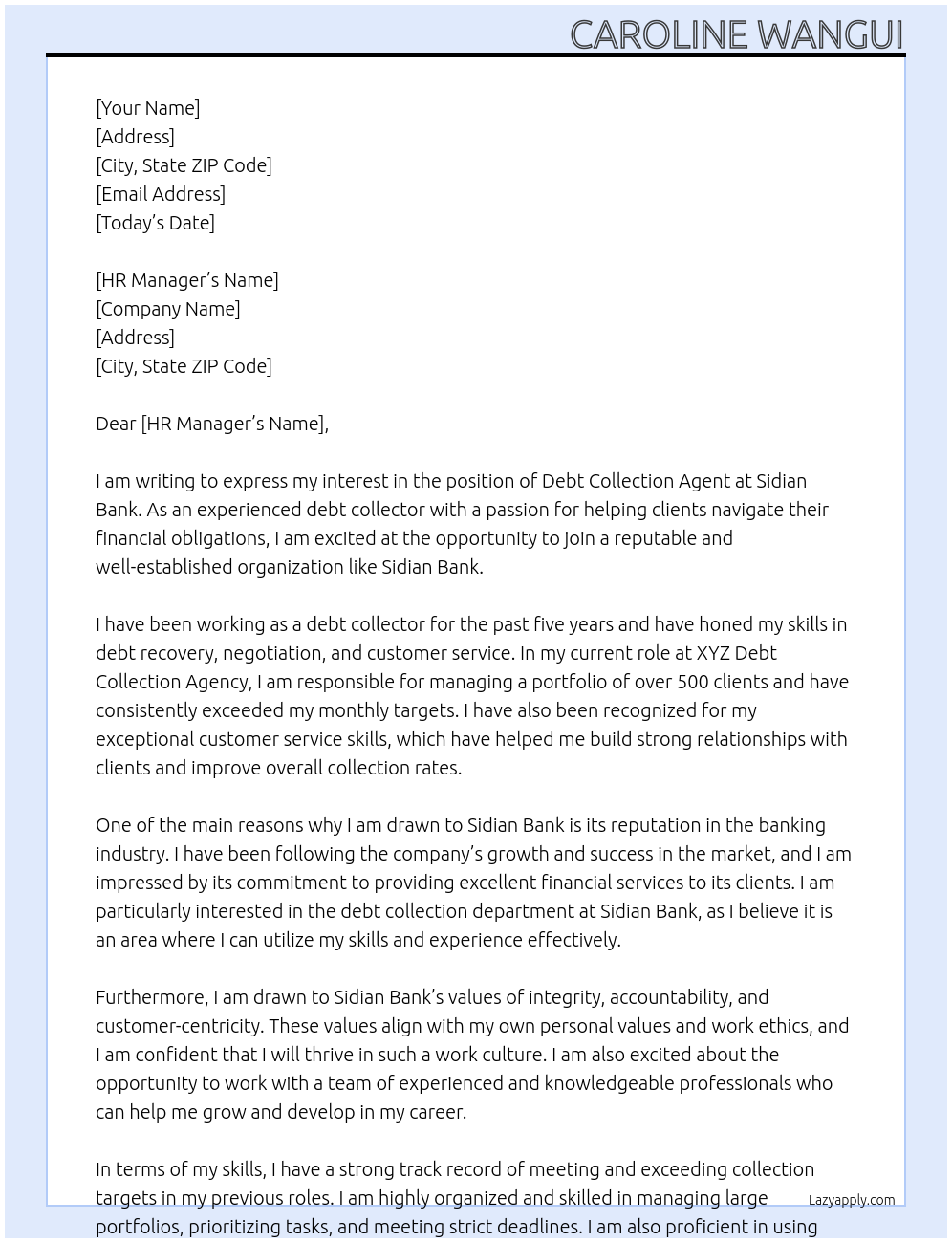 debt collection agent At sidian bank Cover Letter