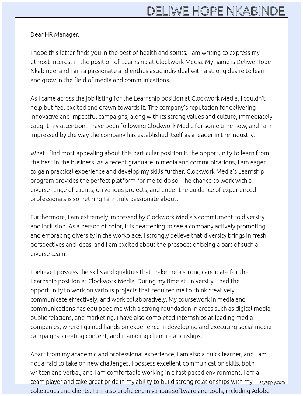 Learnship  At Clockwork media Cover Letter