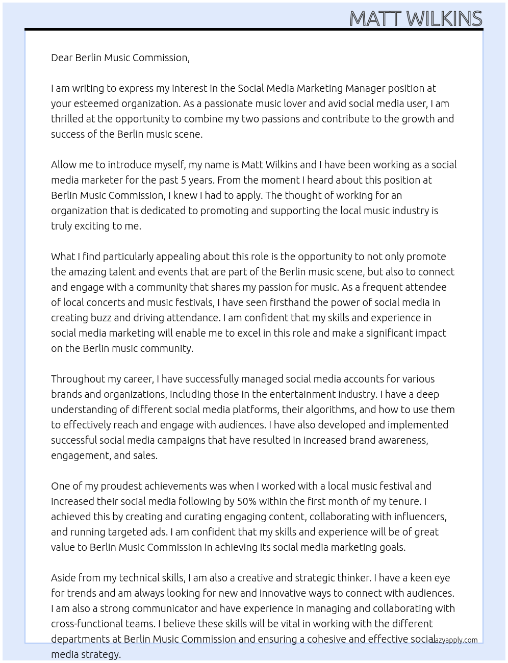 Social Media Marketing Manager At Berlin Music Commission Cover Letter