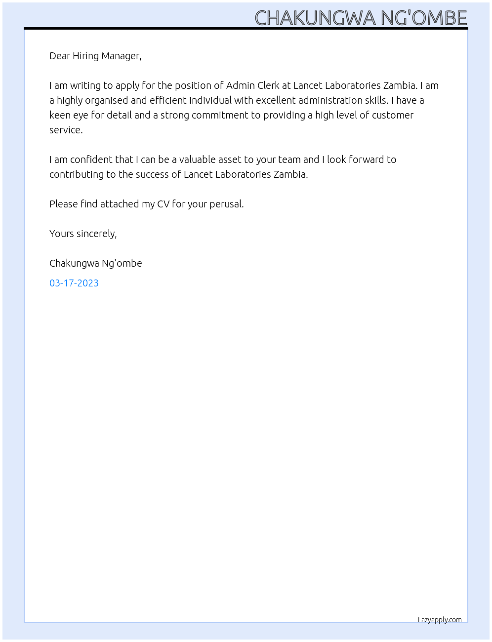 Admin Clerk At Lancet Laboratories Zambia Cover Letter