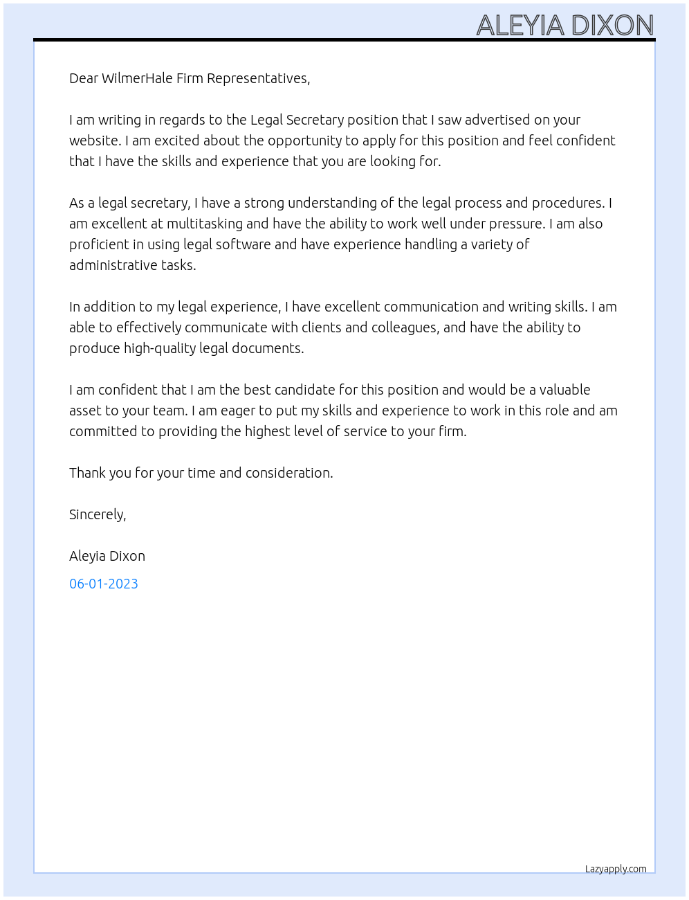 Legal Secretary At WilmerHale Cover Letter