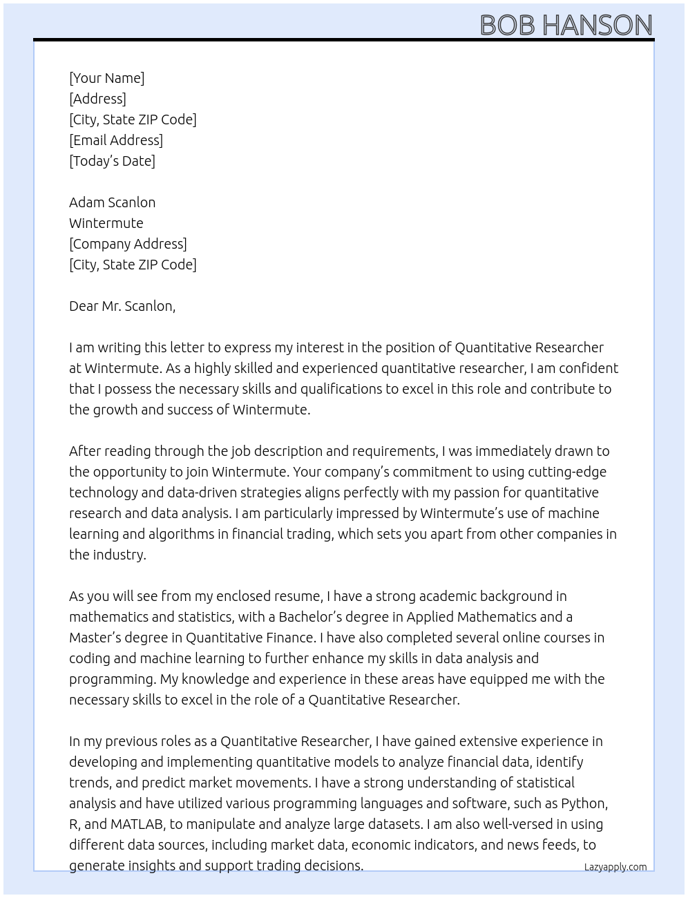 Quantitative Researcher At Wintermute Cover Letter