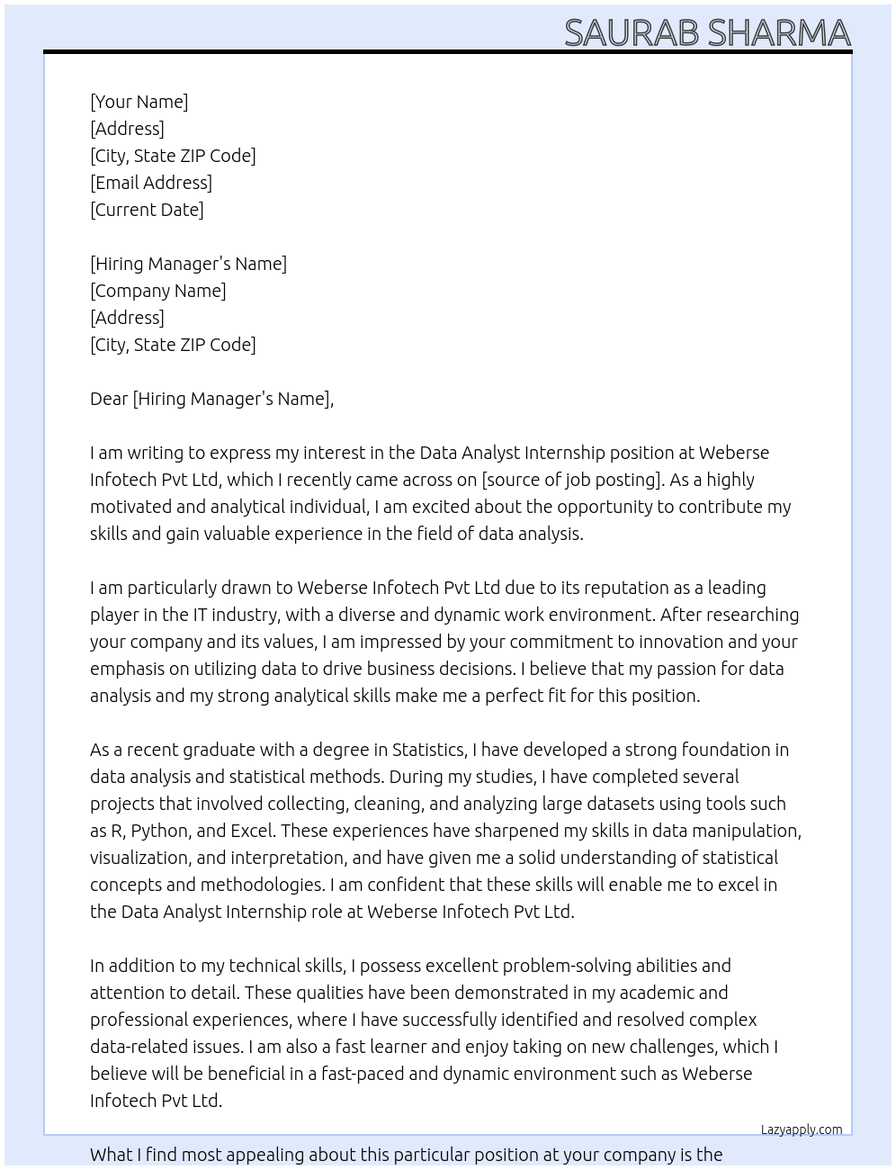 Data Analyst Internship At Weberse Infotech Pvt Ltd Cover Letter