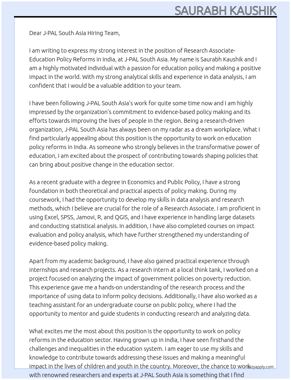 Research Associate- Education Policy Reforms in India-J-PAL South Asia At J-PAL South Asia Cover Letter