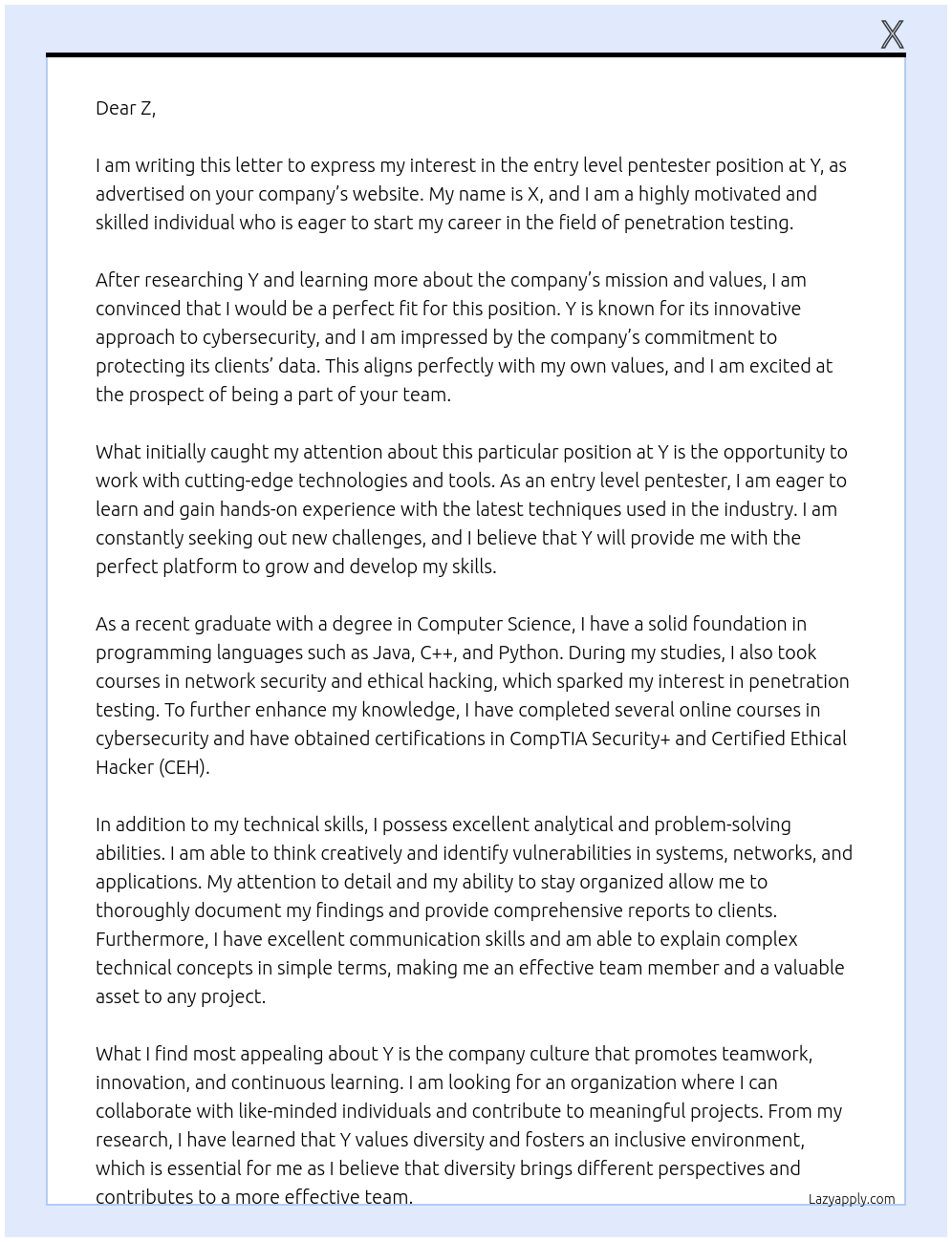 Entry level pentester At Y Cover Letter