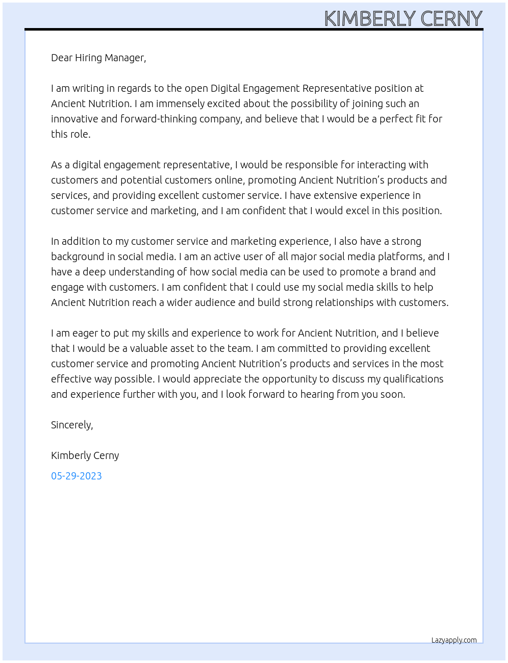Digital engagement representative At Ancient nutrition Cover Letter