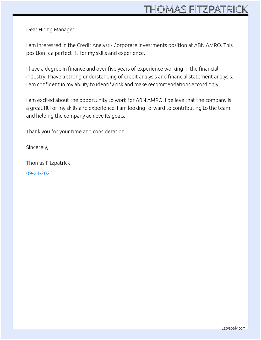 Credit Analyst - Corporate Investments At ABN AMRO Cover Letter