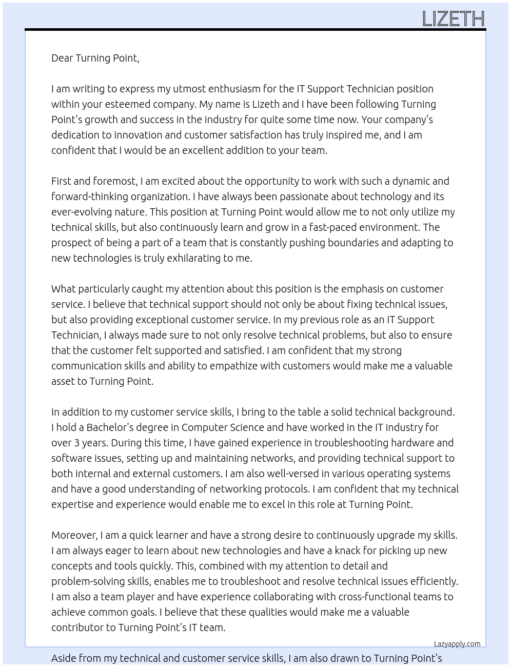 it support technician At turninng point Cover Letter