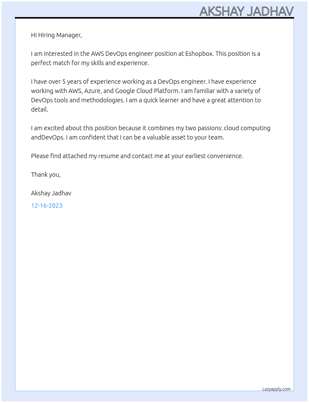 AWS DevOps engineer At Eshopbox Cover Letter