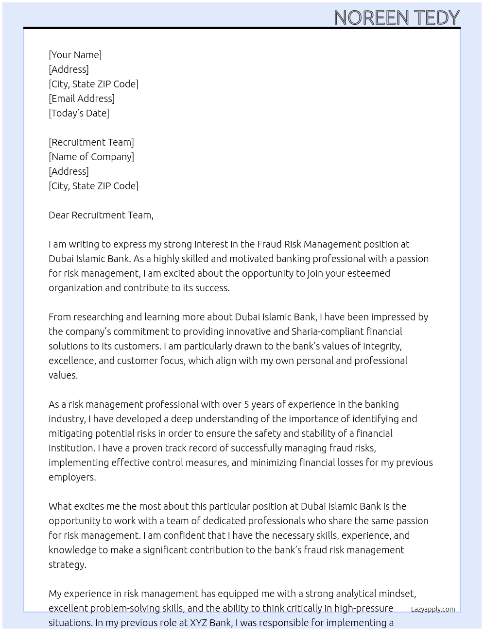 Fraud risk Management At Dubai Islamic Bank Cover Letter