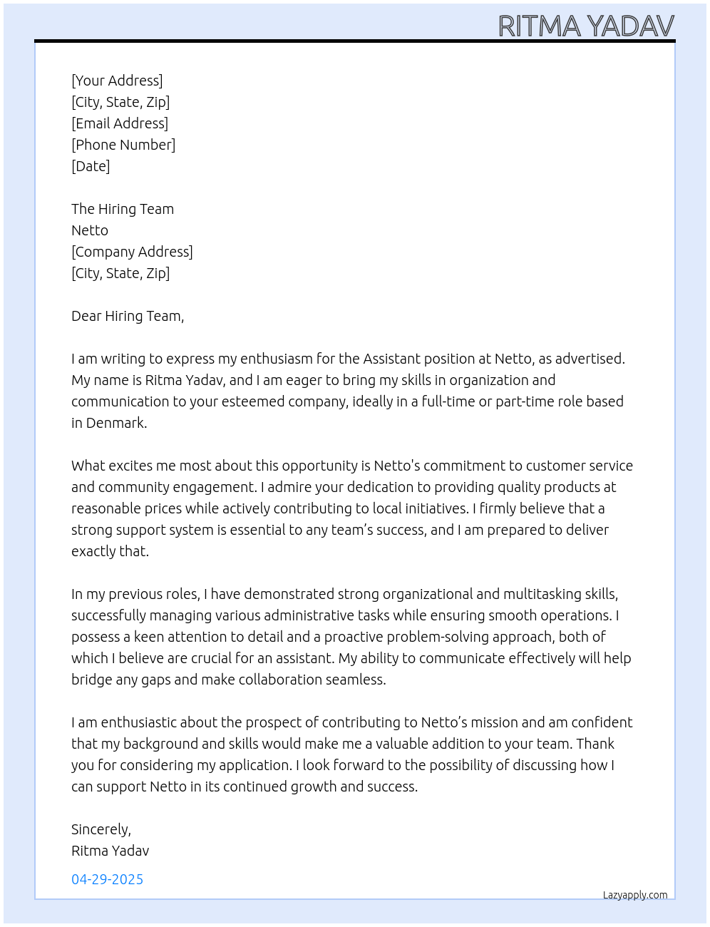 Assistant  At Netto Cover Letter