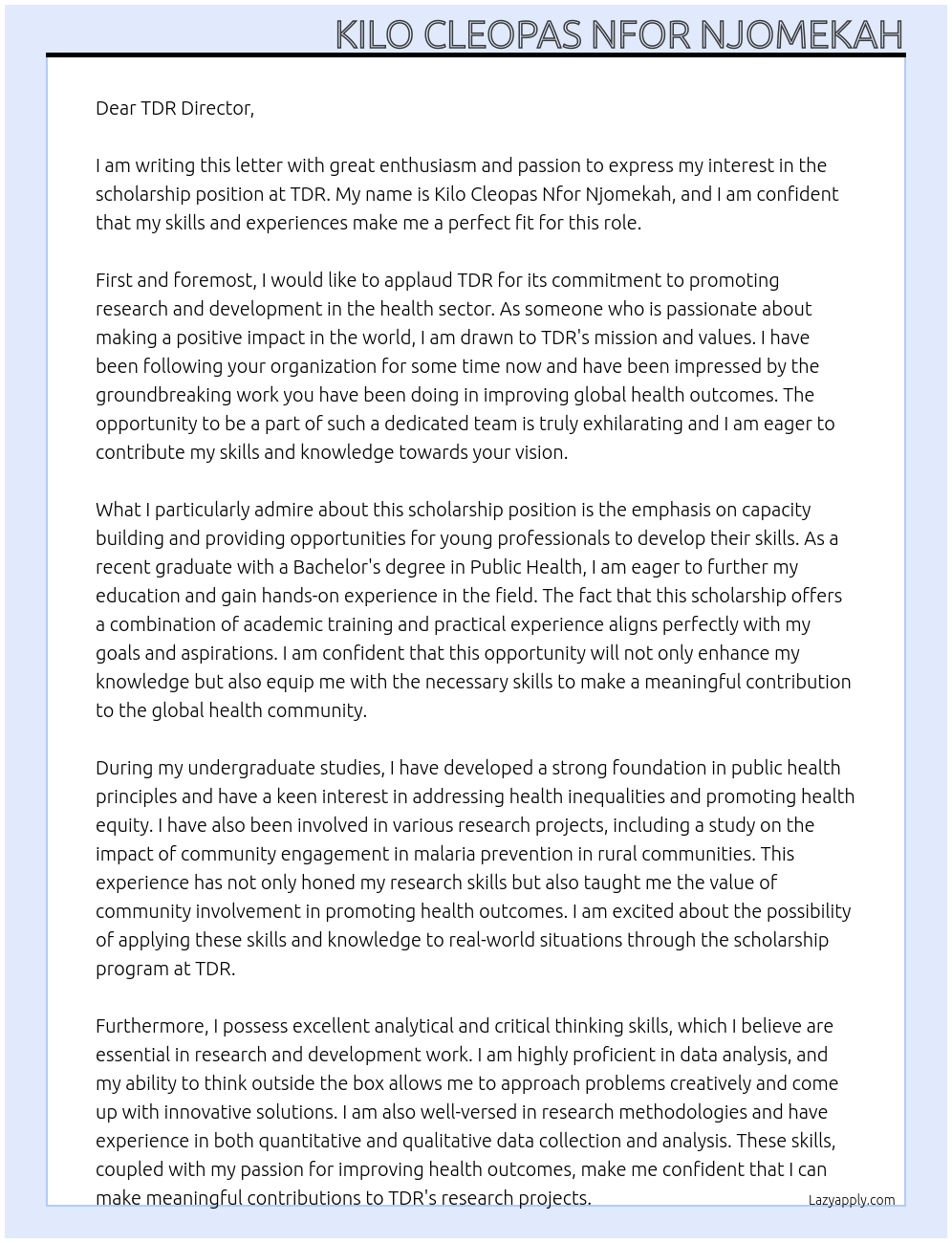 scholarship At TDR Cover Letter