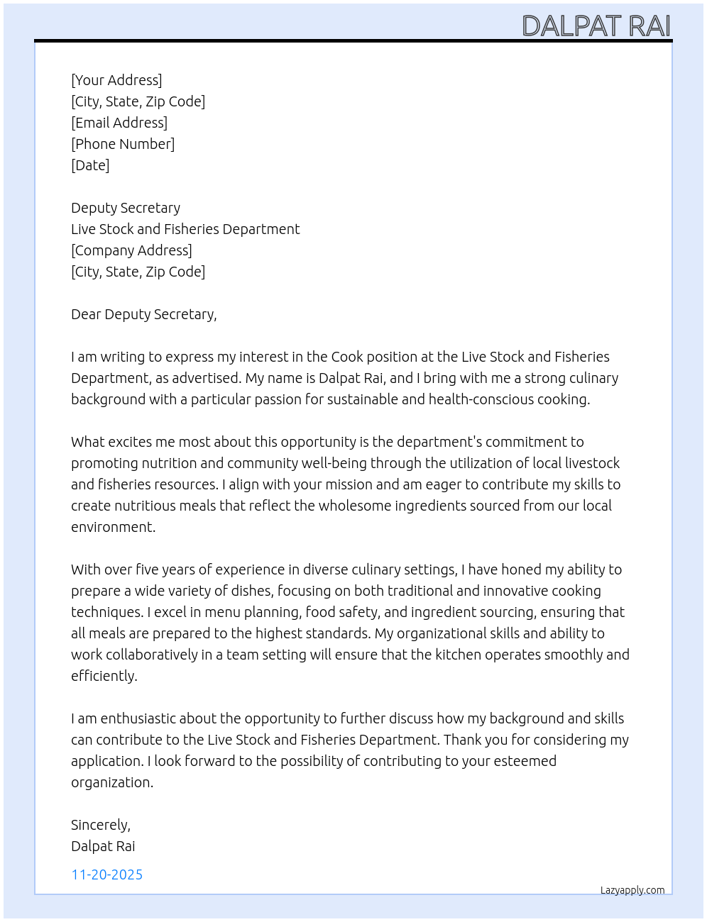 Cook At Live Stock and Fisheries Department Cover Letter