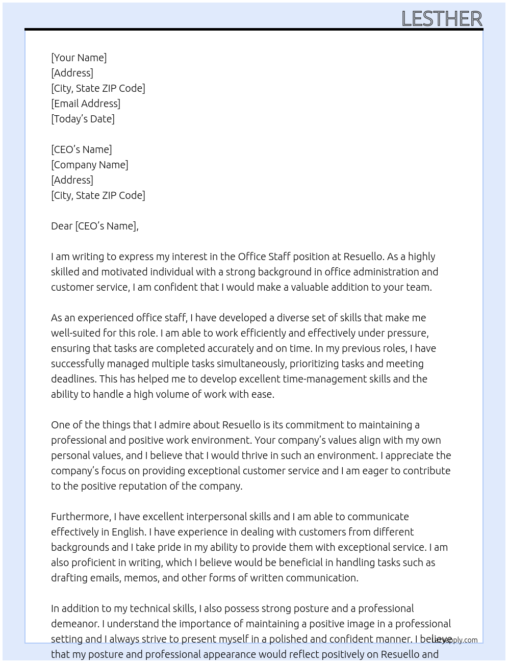 Office Staff At Resuello Cover Letter