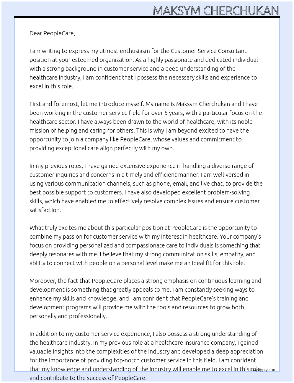 Customer Service Consultant At PeopleCare Cover Letter