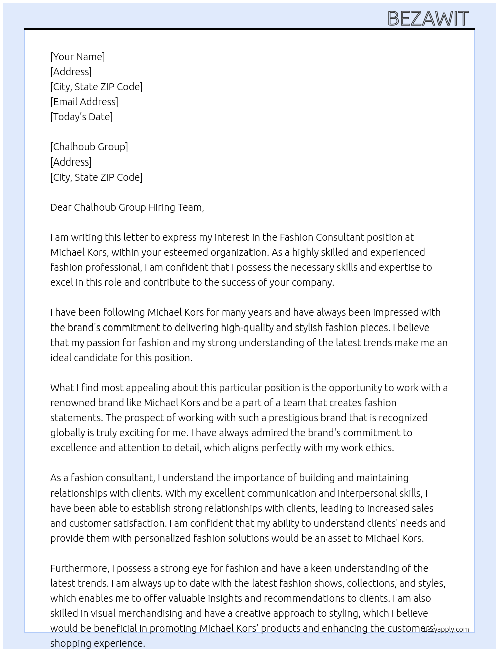 Fashion consultant At Michael Kors Cover Letter