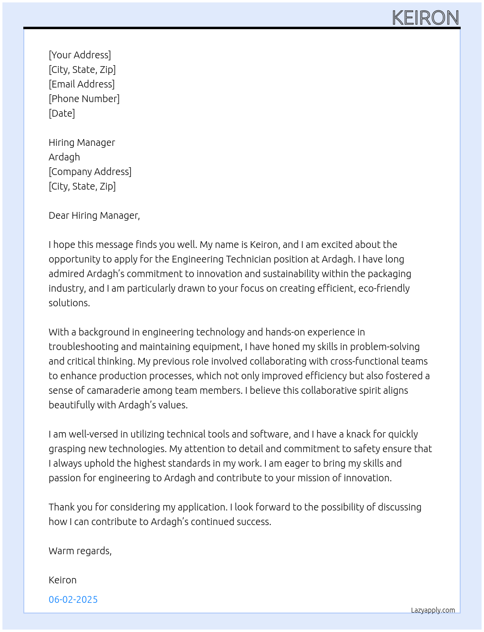 Cover letter for engineering technician - LazyApply