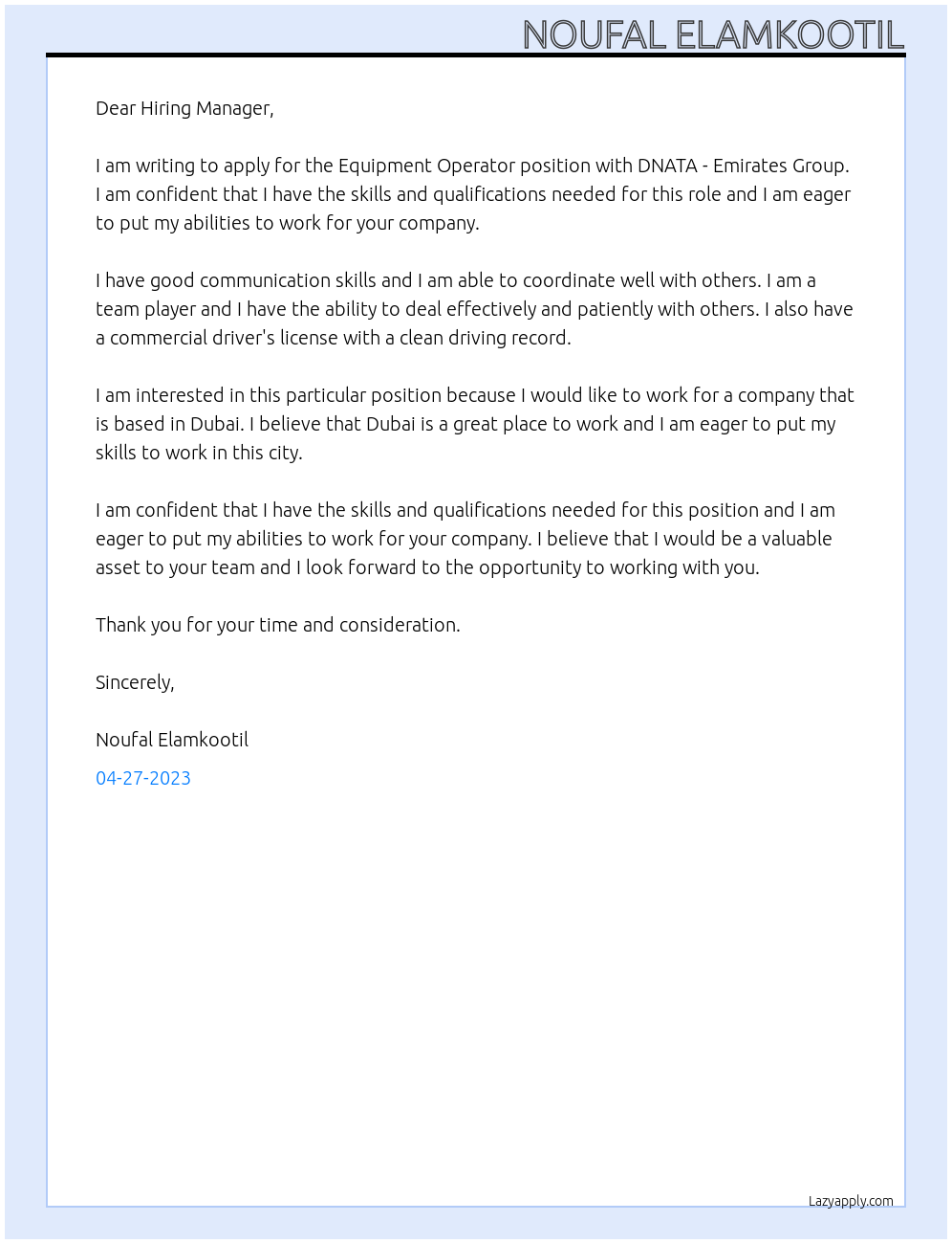 Equipment Operator At DNATA - Emirates Group Cover Letter
