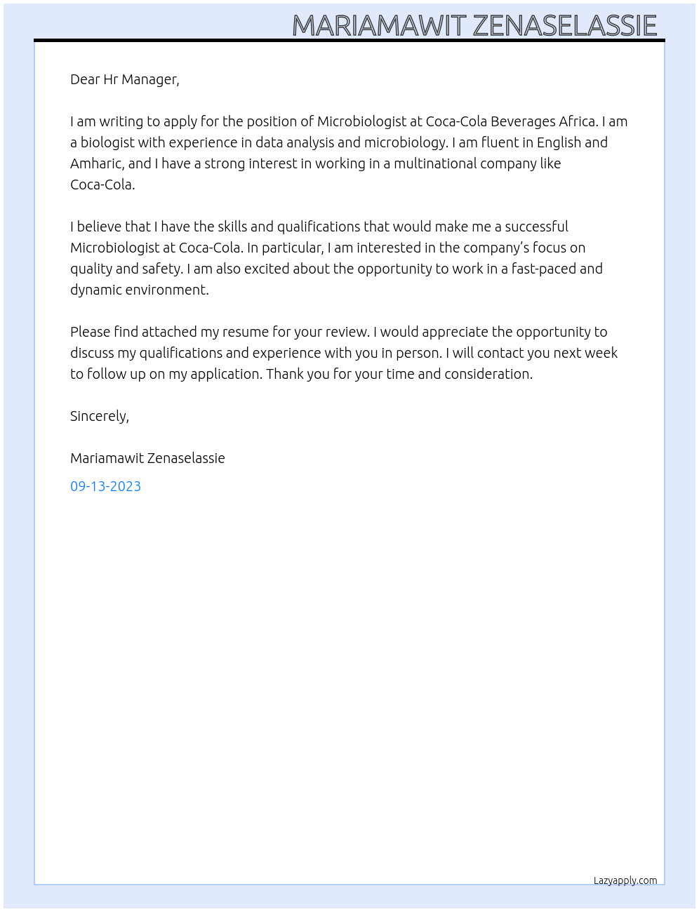 Microbiologist At Coca-Cola Beverages Africa Cover Letter