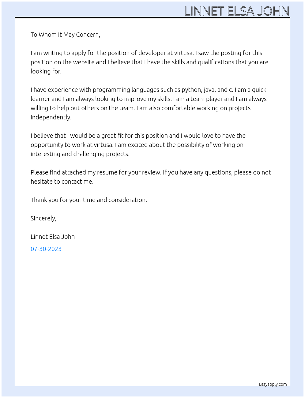 developer At virtusa Cover Letter