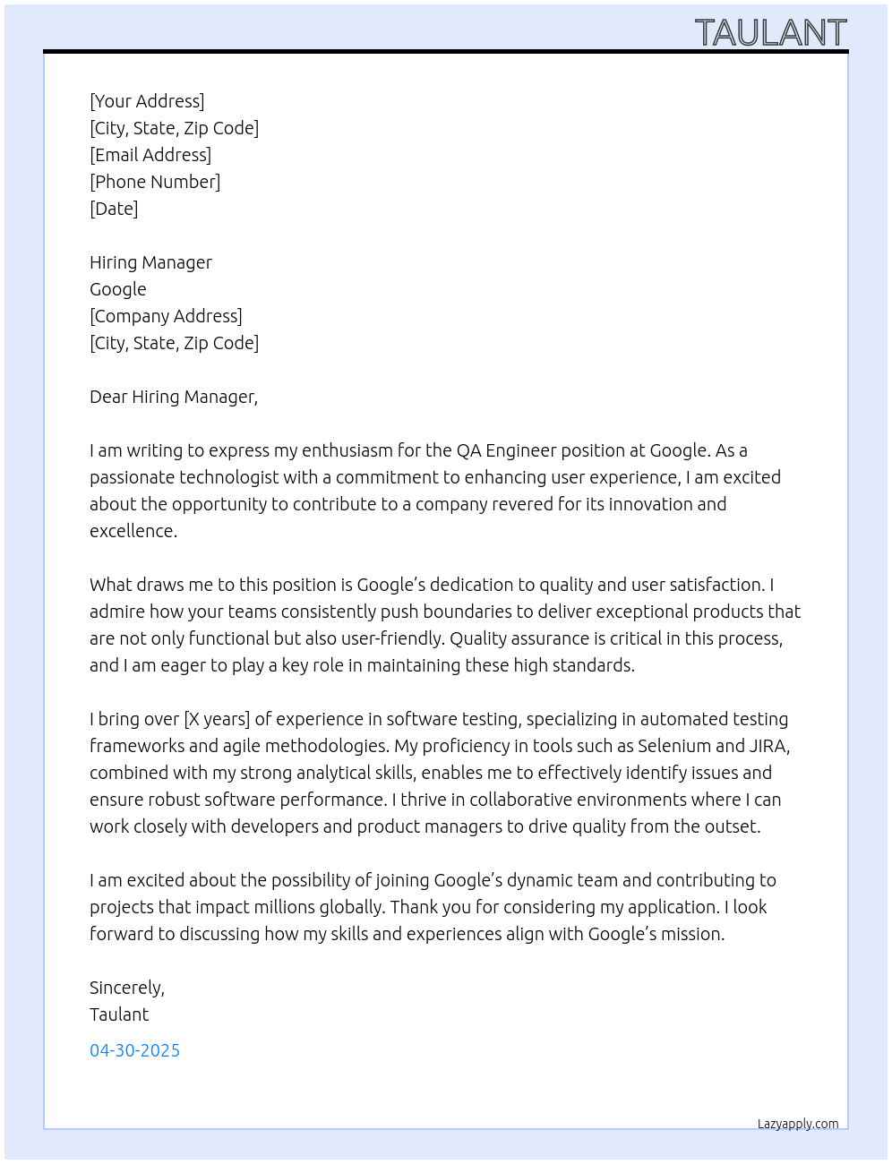 QA Engineer At Google Cover Letter