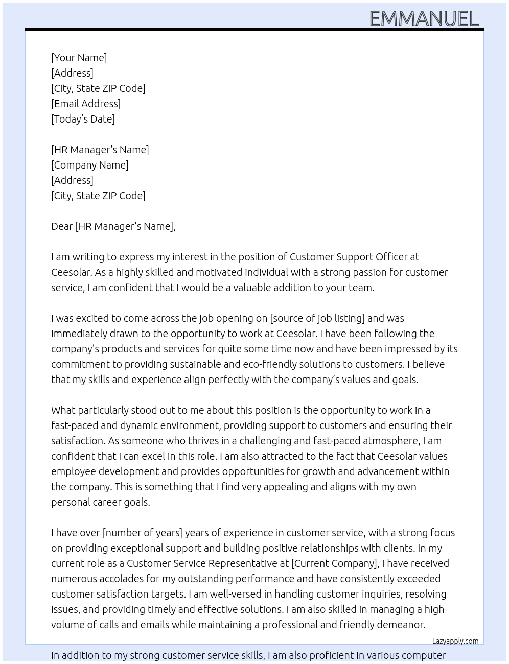Customer Support Officer At Ceesolar Cover Letter