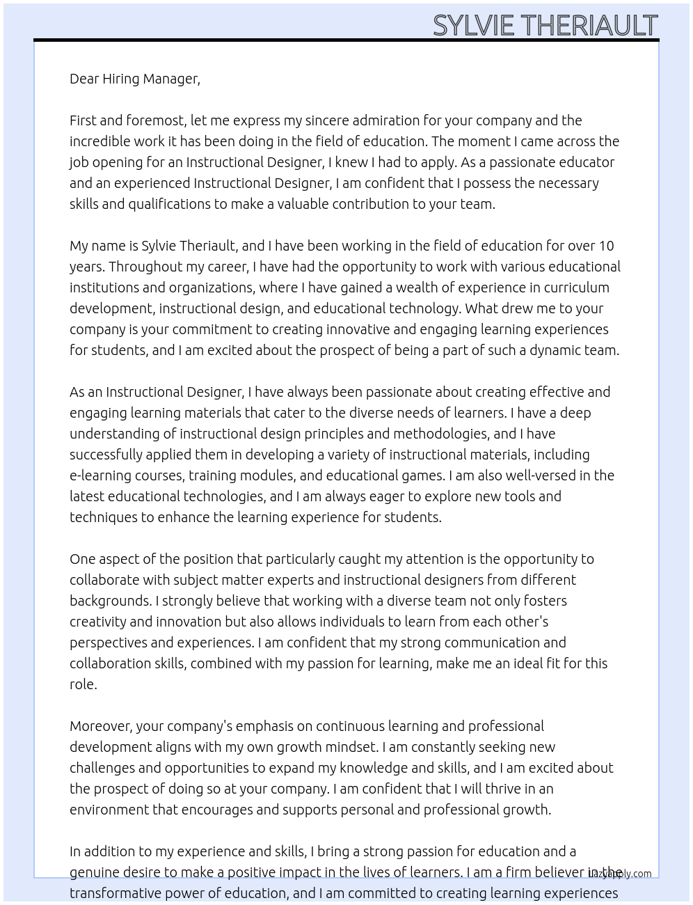 Instructional Designer At your company Cover Letter