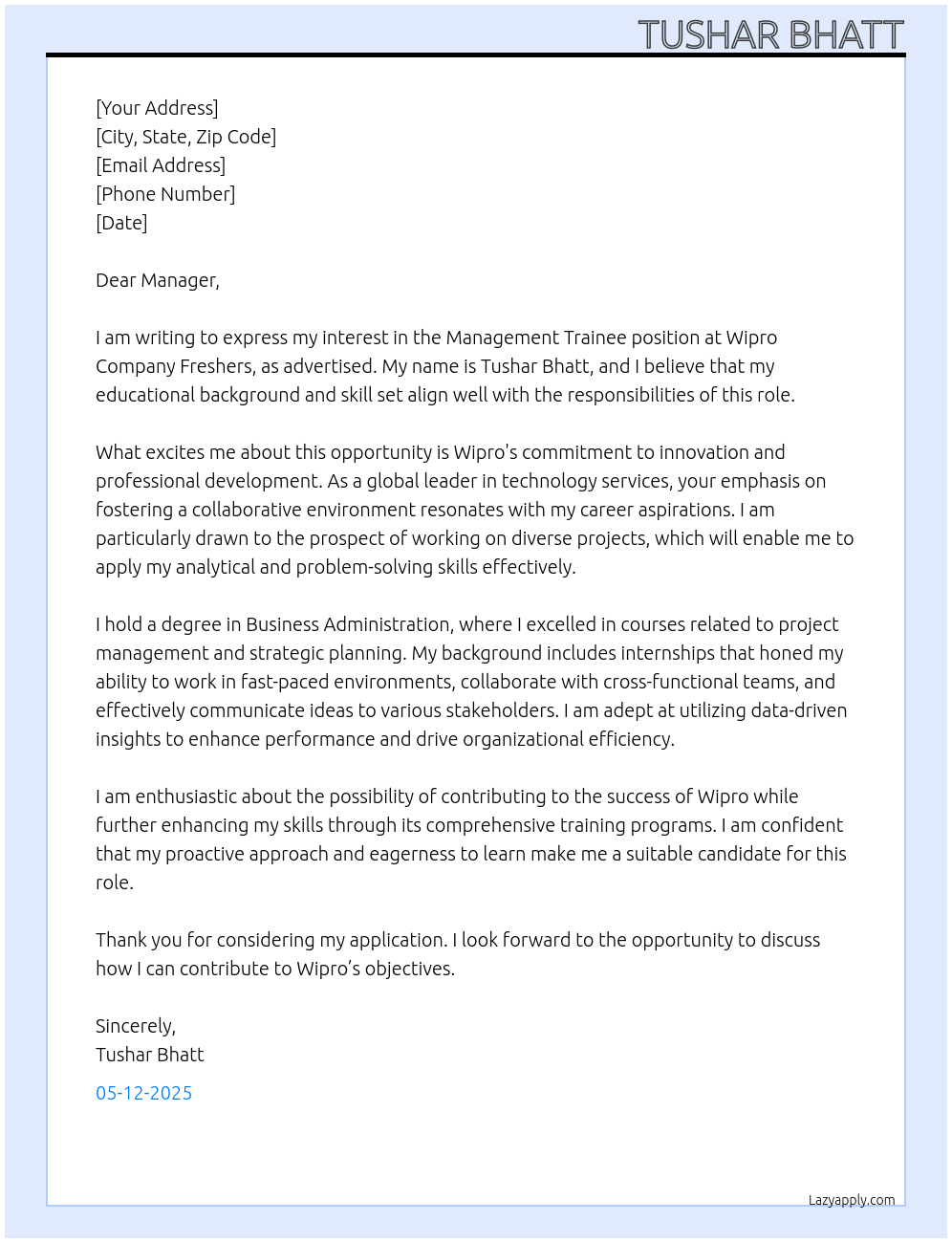 Management trainee At Wipro company freshers Cover Letter