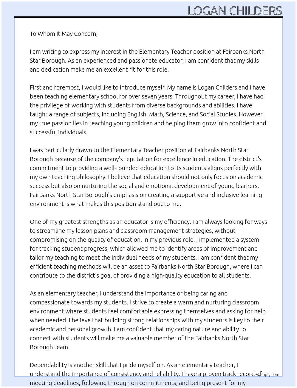 Elementary Teacher At Fairbanks North Star Borough Cover Letter