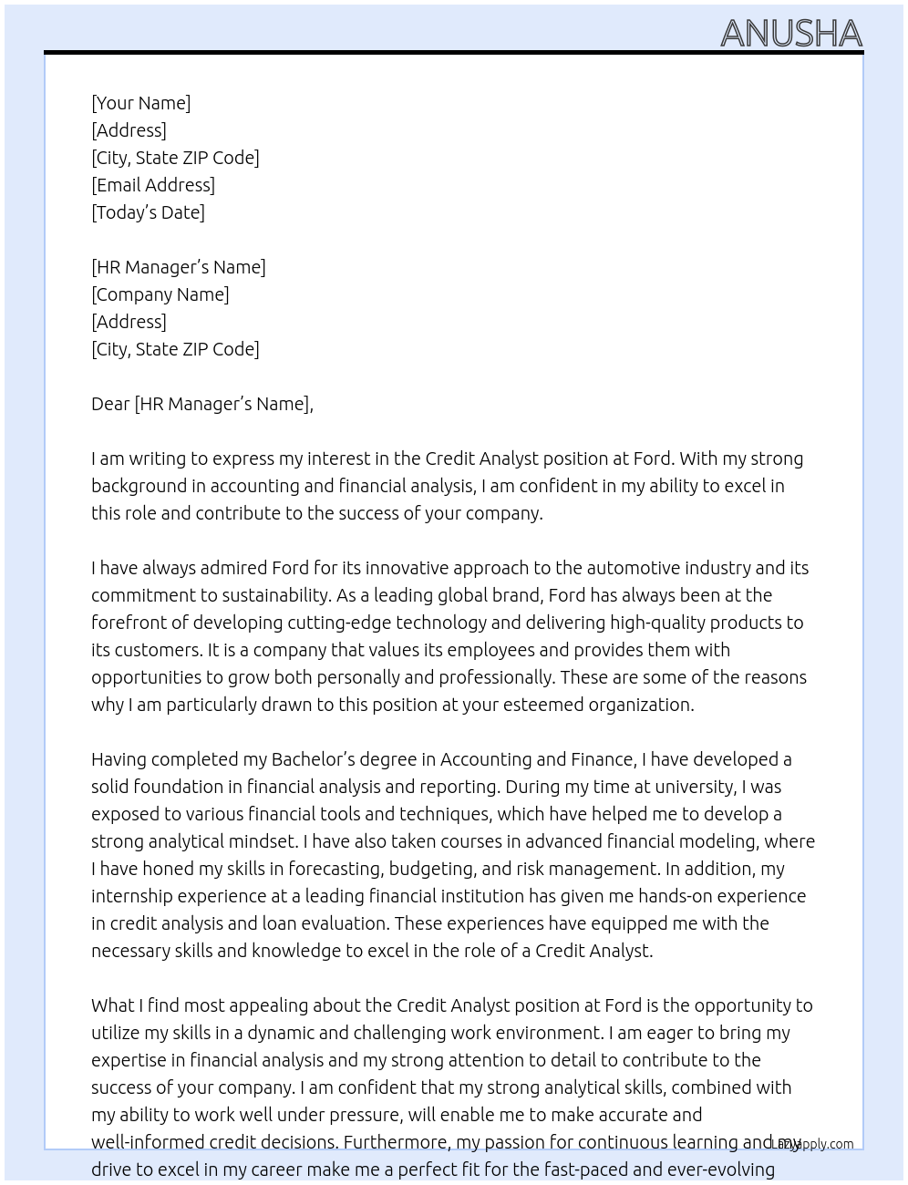 Credit analyst At Ford Cover Letter