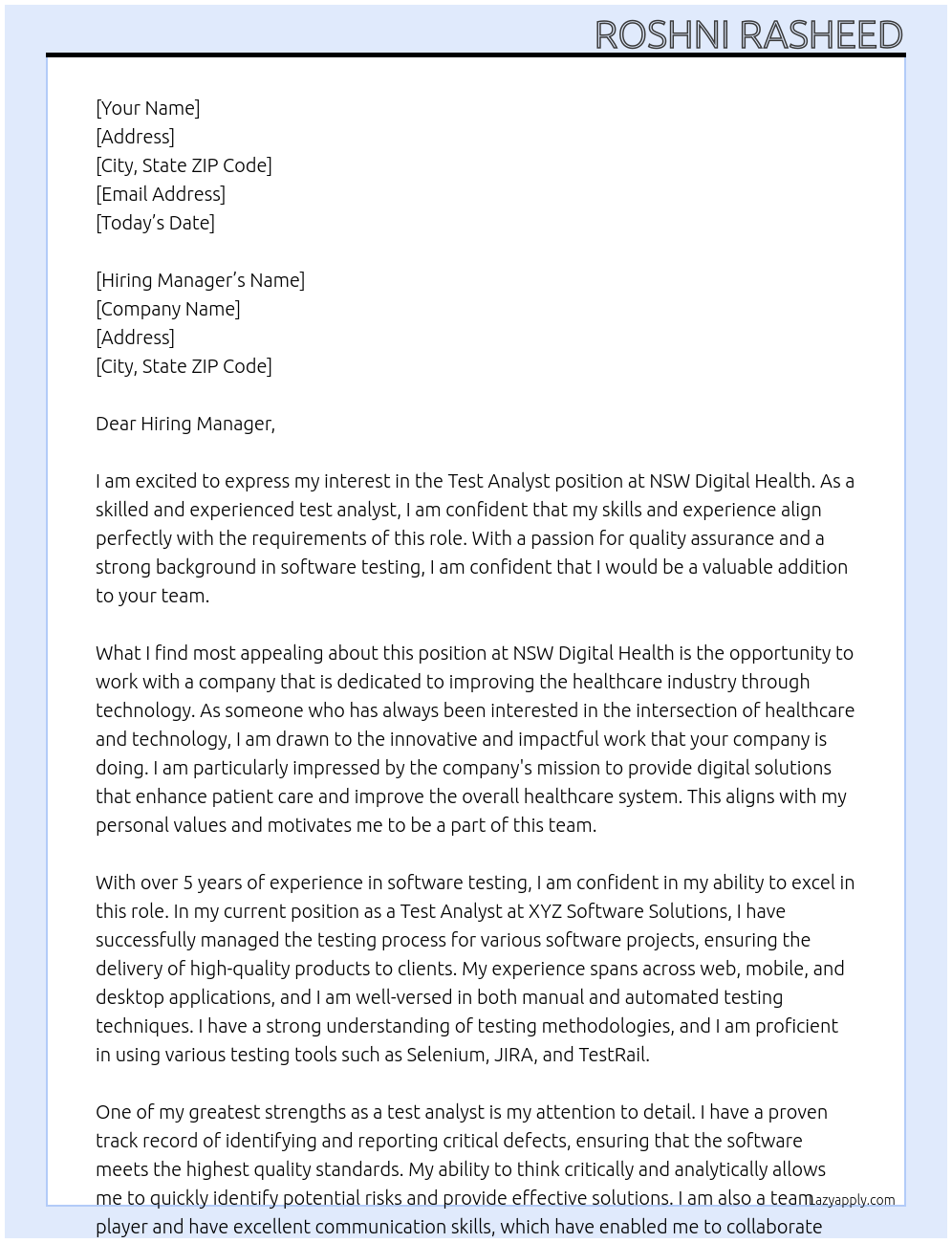 Test Analyst At NSW Digital Health Cover Letter