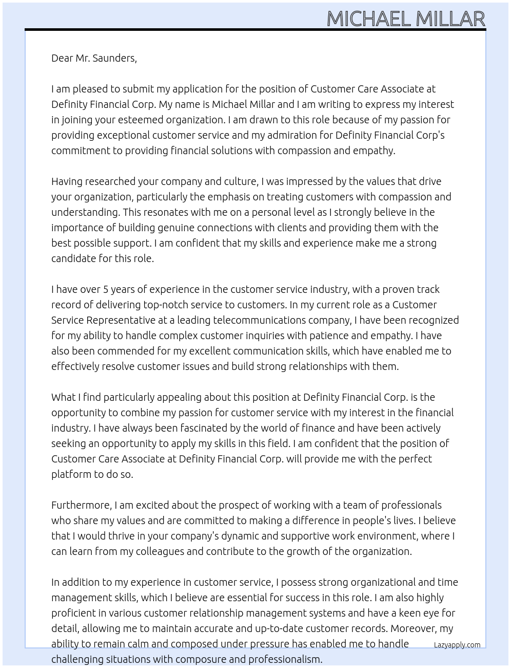 Customer Care Associate At Definity Financial Corp. Cover Letter