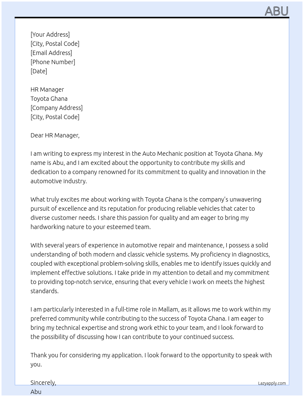 Auto mechanic At Toyota ghana Cover Letter