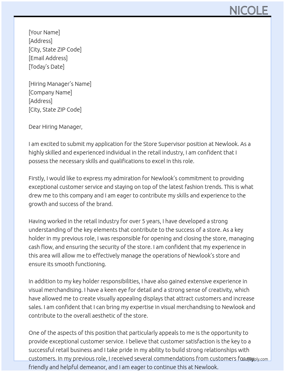 Store supervisor At Newlook Cover Letter