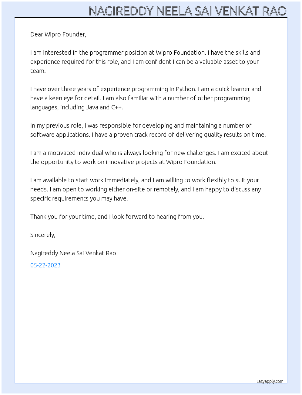 Programmer At Wipro Foundation Cover Letter