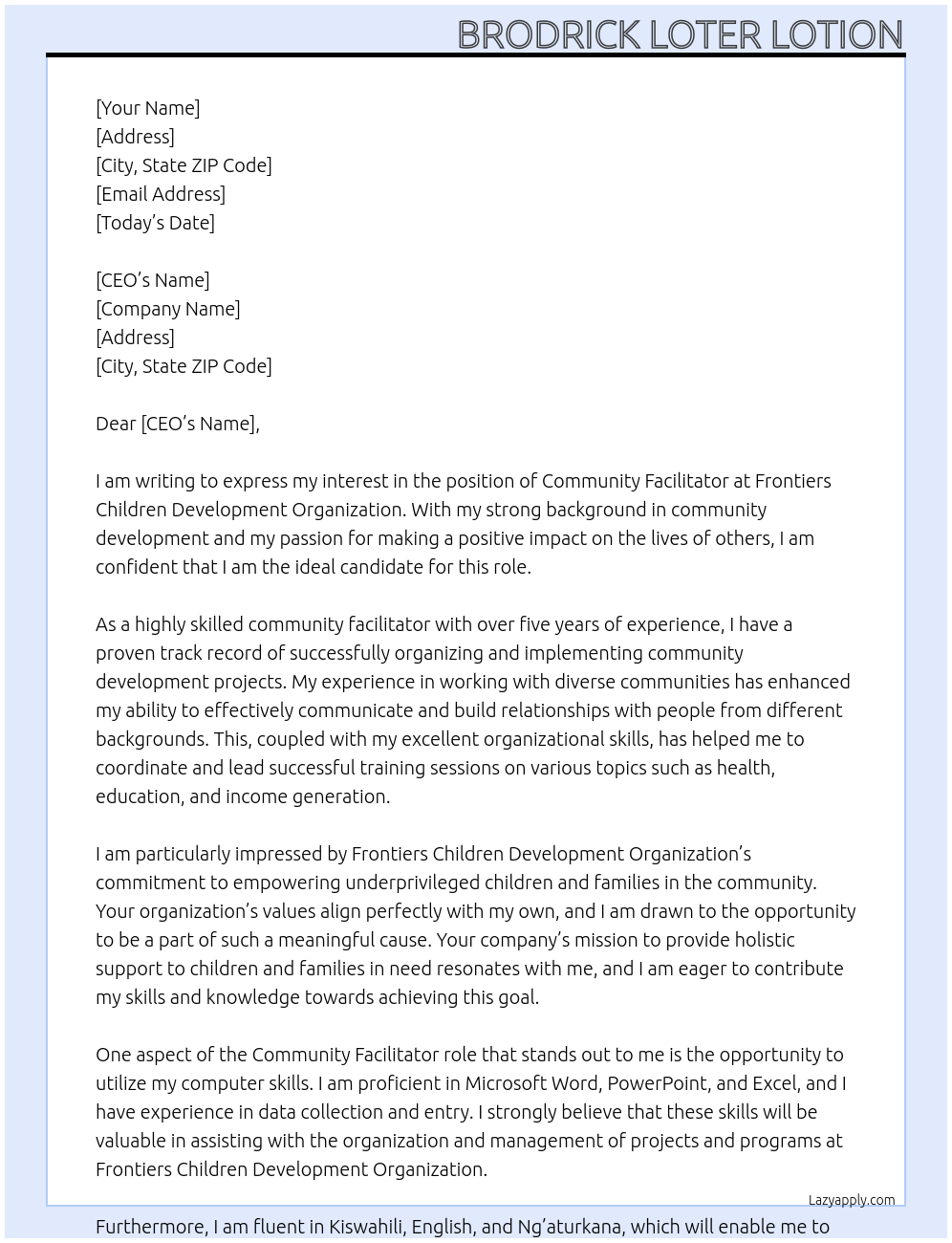 community facilitator At frontiers children development organization Cover Letter