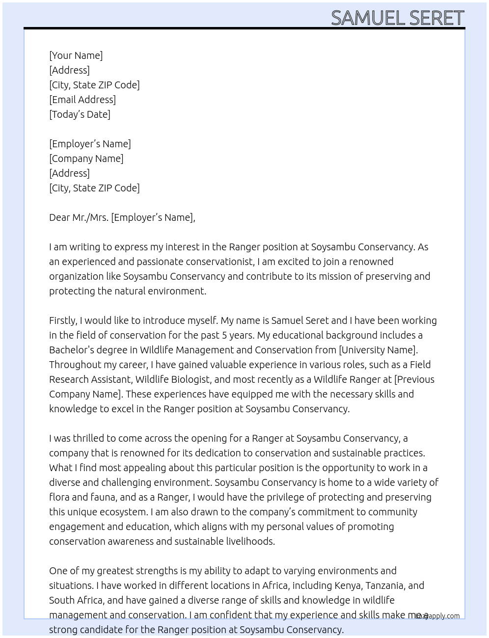 Ranger At Soysambu conservecy  Cover Letter