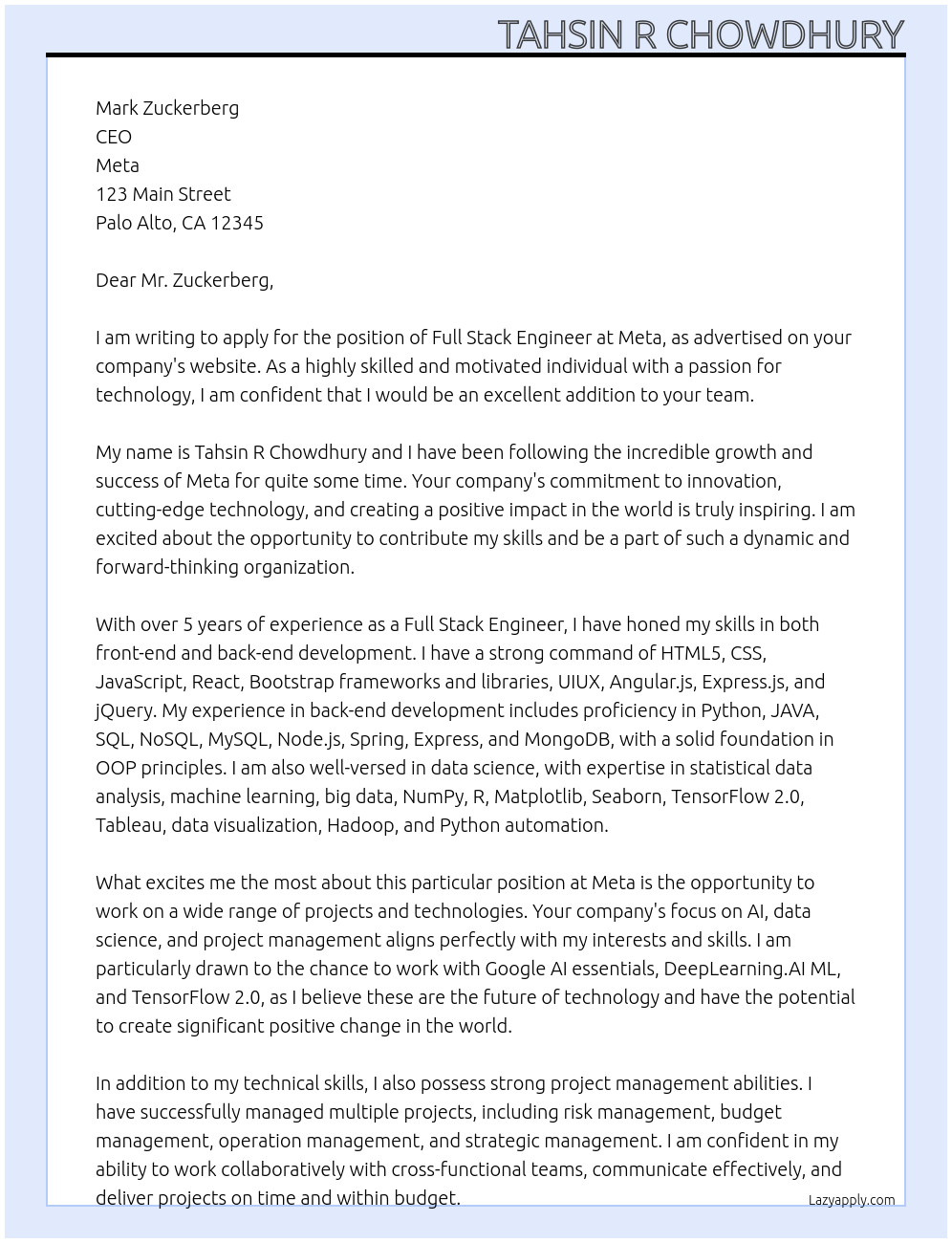 Full Stack Engineer  At Meta Cover Letter