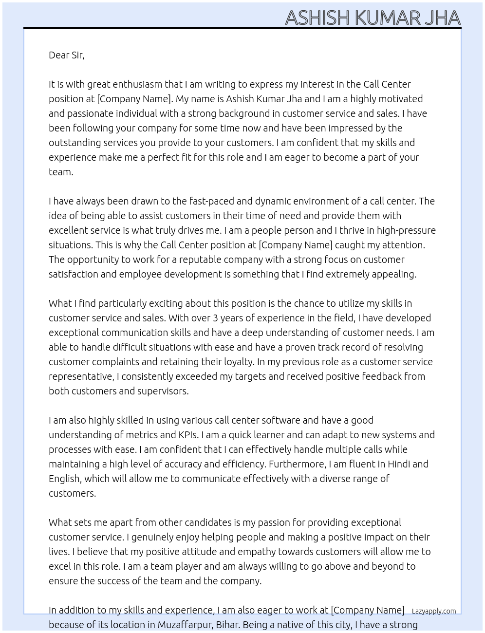 Call center At Call center Cover Letter