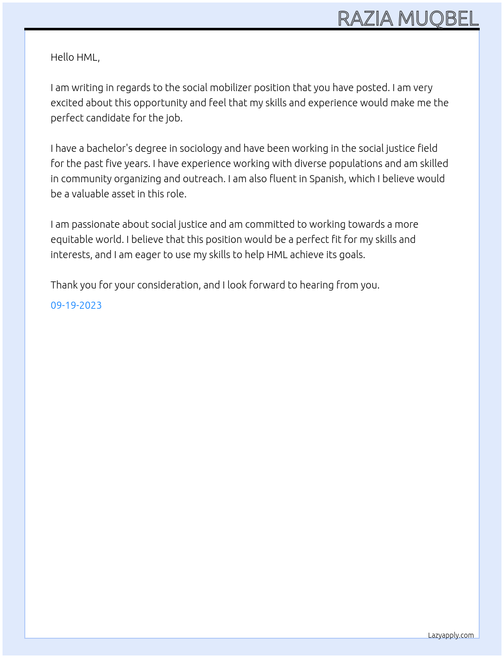 Social mobilizer At Hml Cover Letter