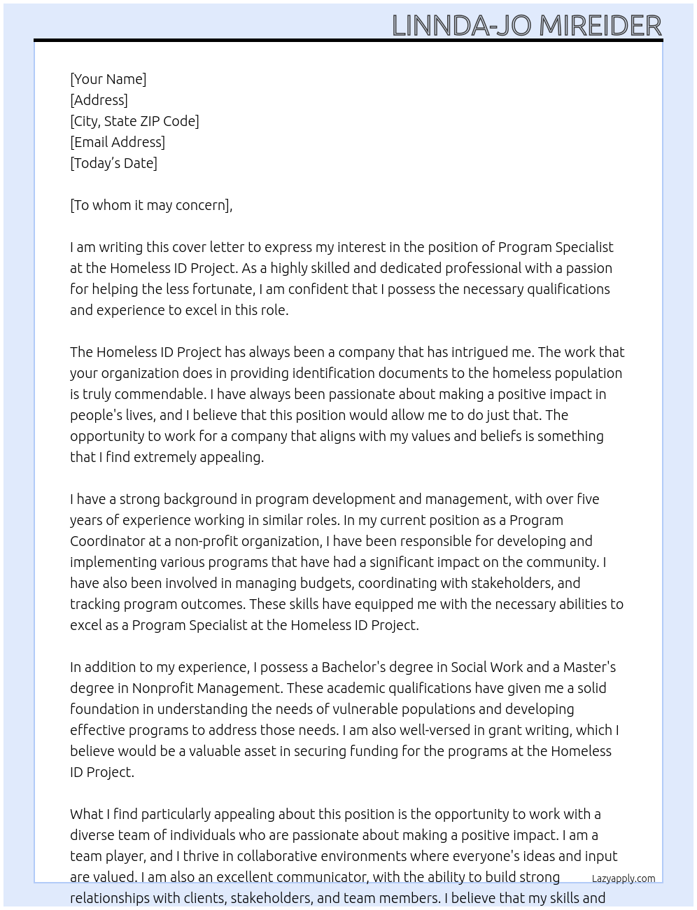 Program specialist At Homeless ID project Cover Letter