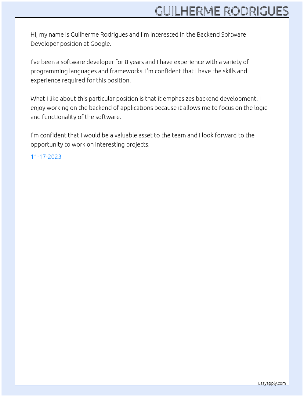 Backend Software Developer At Google Cover Letter