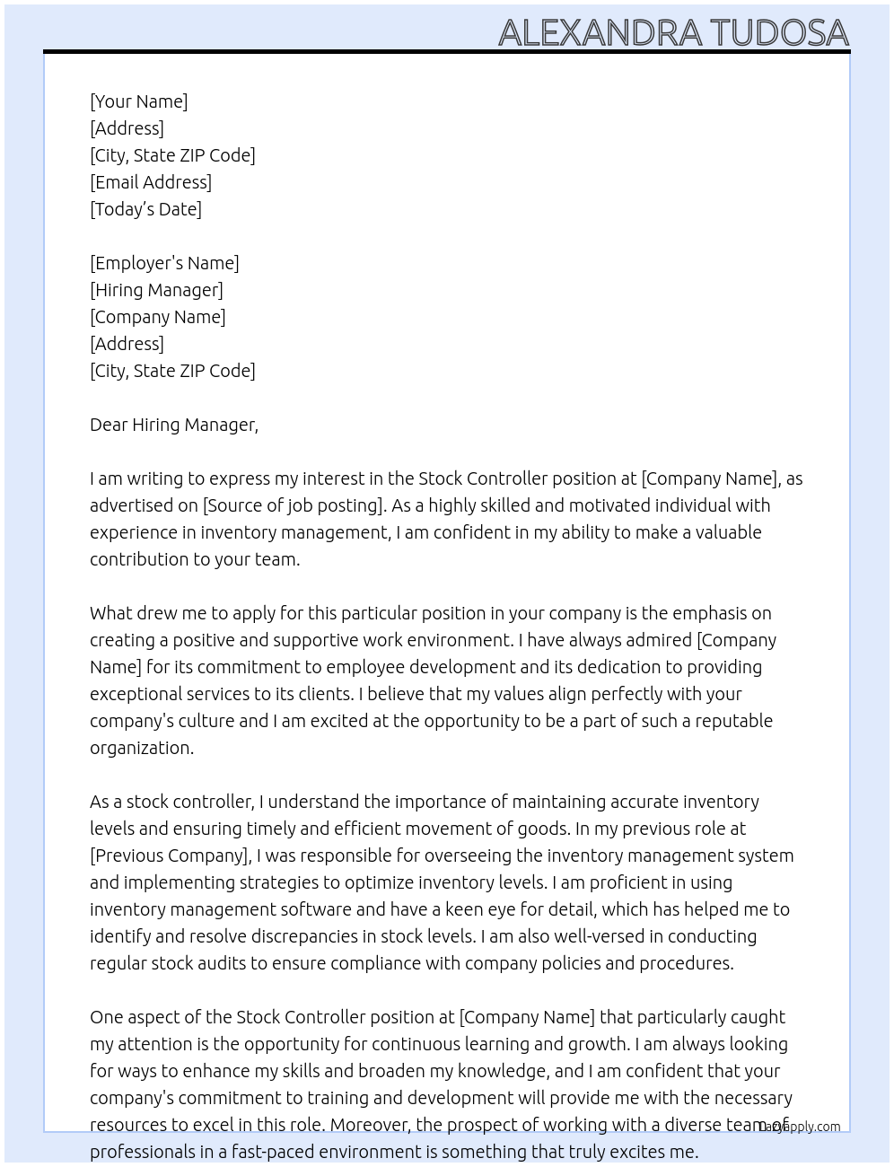 stock controller At Company Cover Letter