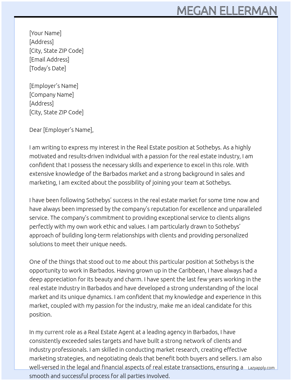 Real estate At Sothebys Cover Letter